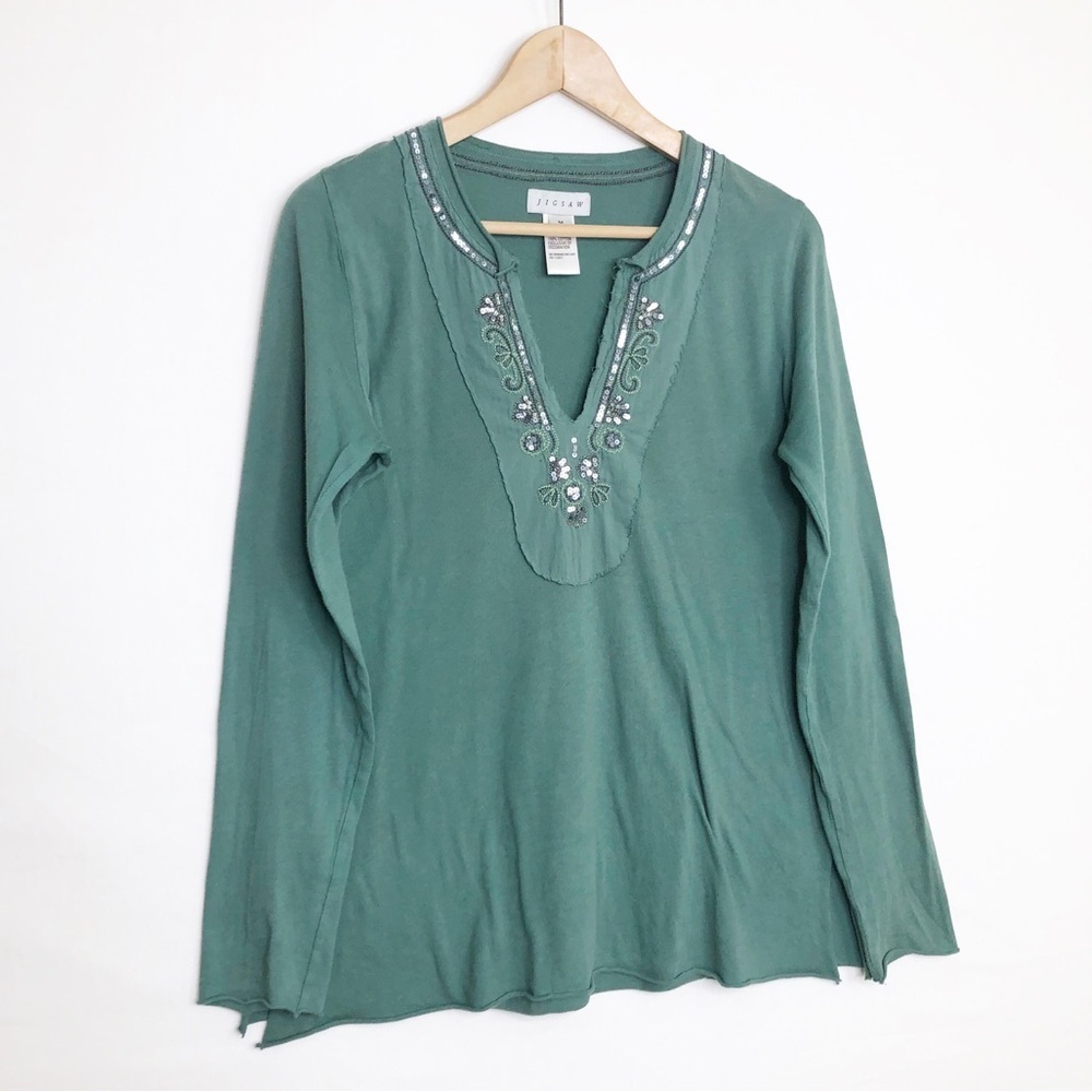 Jigsaw green, long sleeve, V-neck embellish T-shirt - Picture 7 of 7